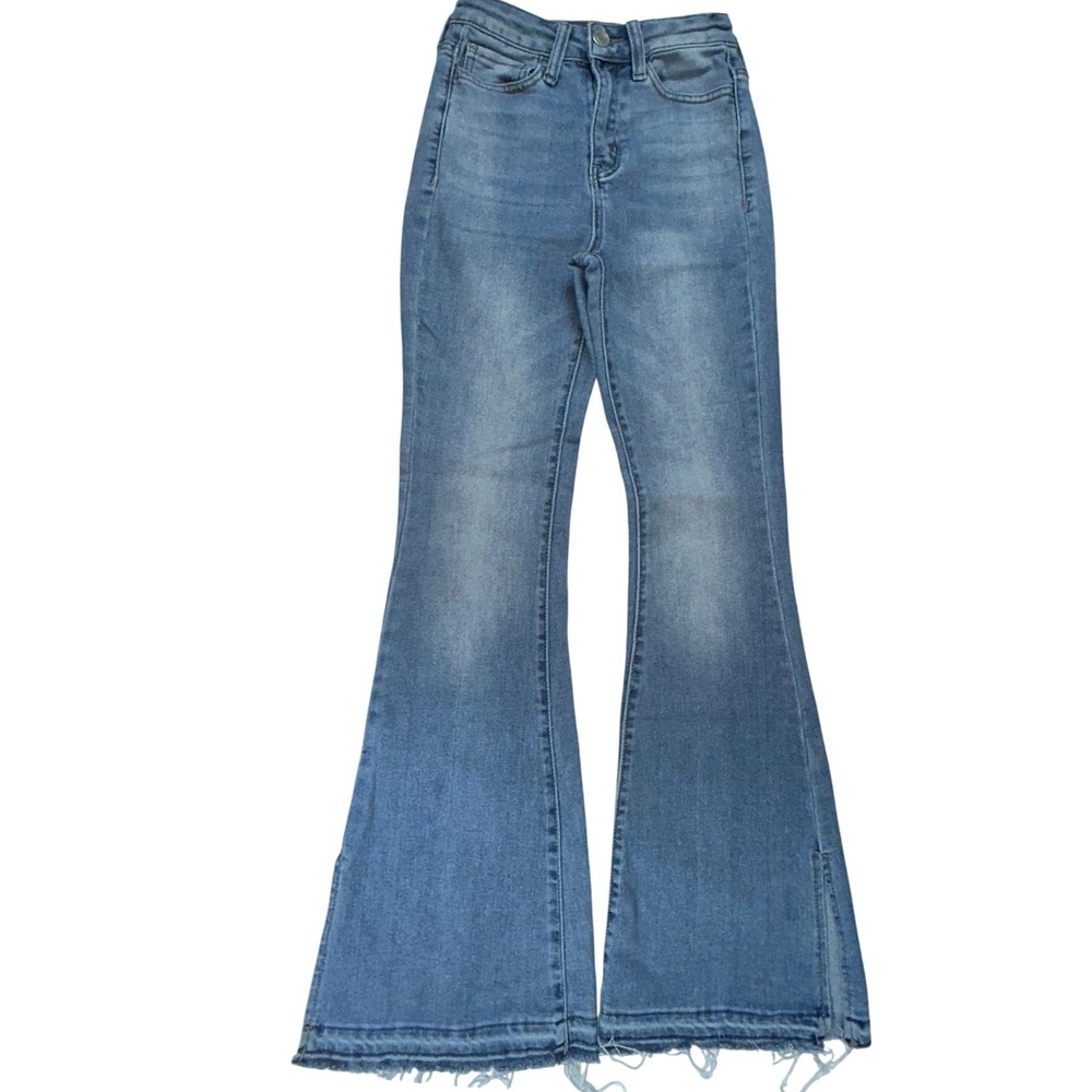 SO‎ High Rise Flare Jeans Size 25 Raw Hem Medium Wash 90s Y2K Rave Skater Grunge